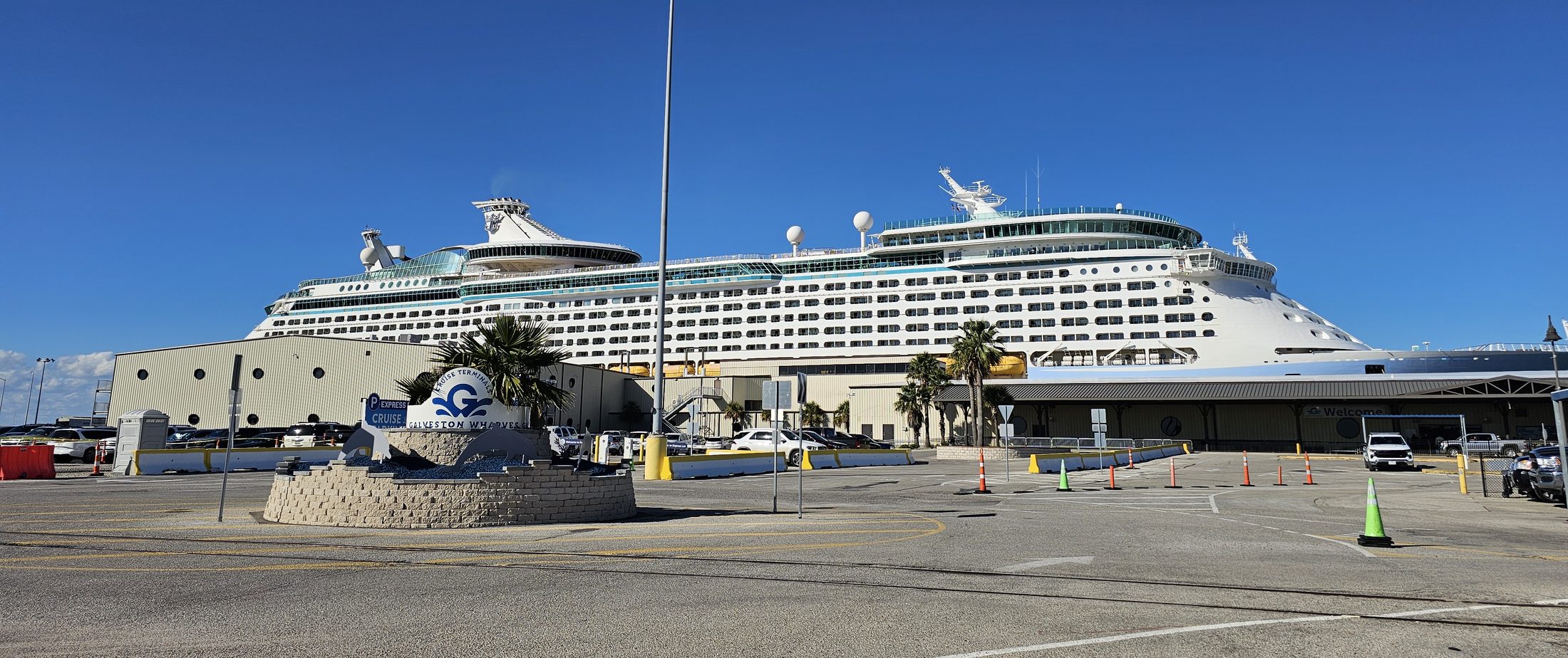 Cruise ship docked at the Galveston Wharves cruise terminal, the drop-off point for the Houston to Galveston shuttle