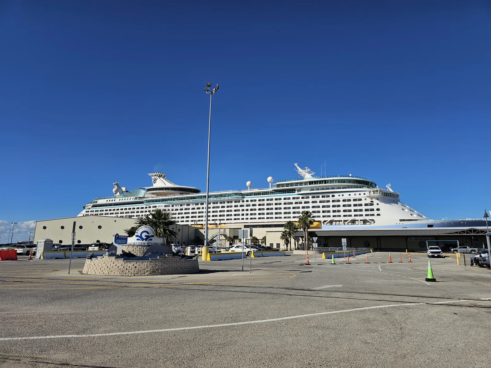 Cruise ship docked at the Galveston Wharves cruise terminal, the drop-off point for Hobby Airport shuttles