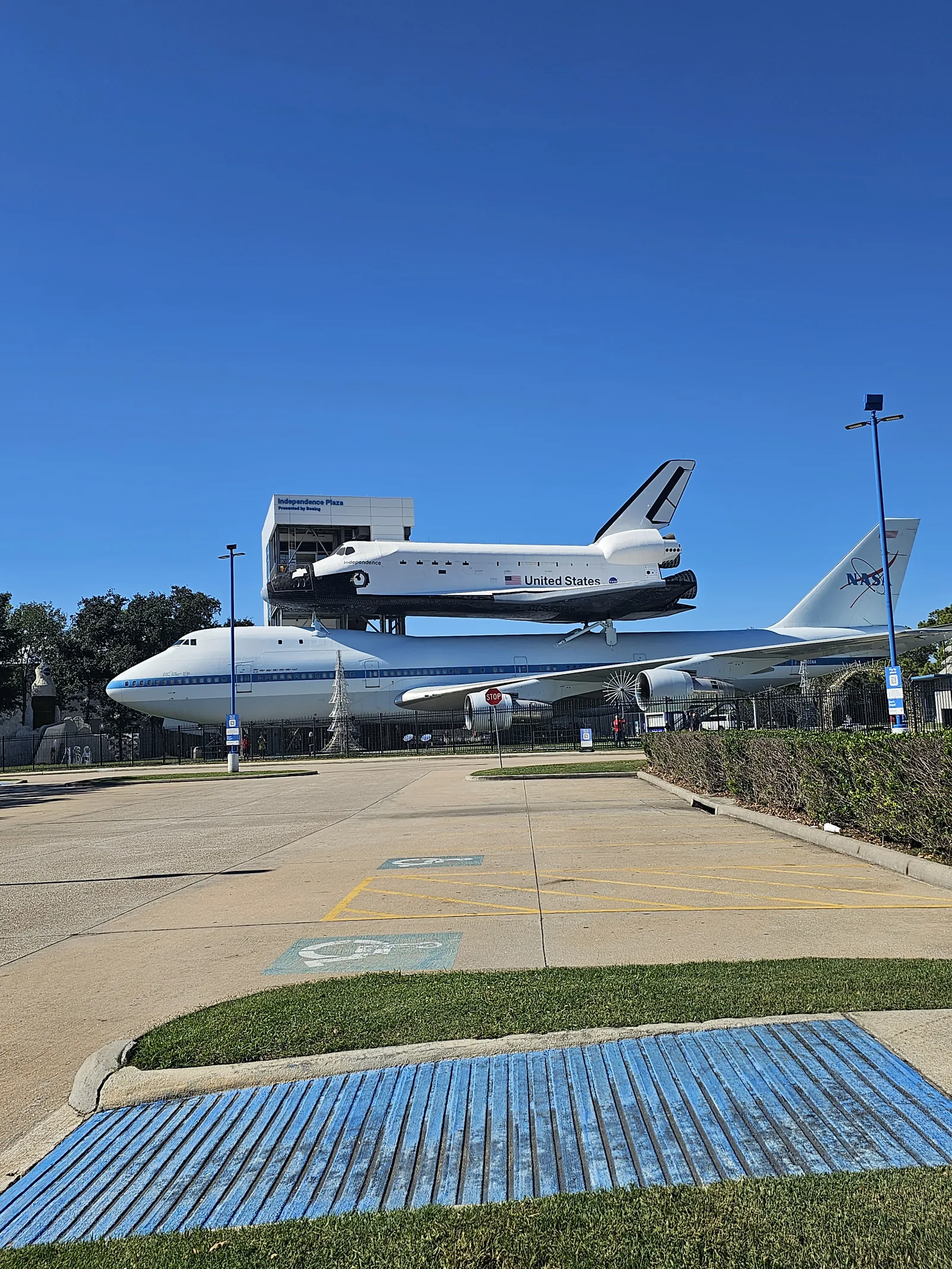 Space Shuttle Independence mounted on the NASA 747 carrier aircraft at Independence Plaza, Space Center Houston