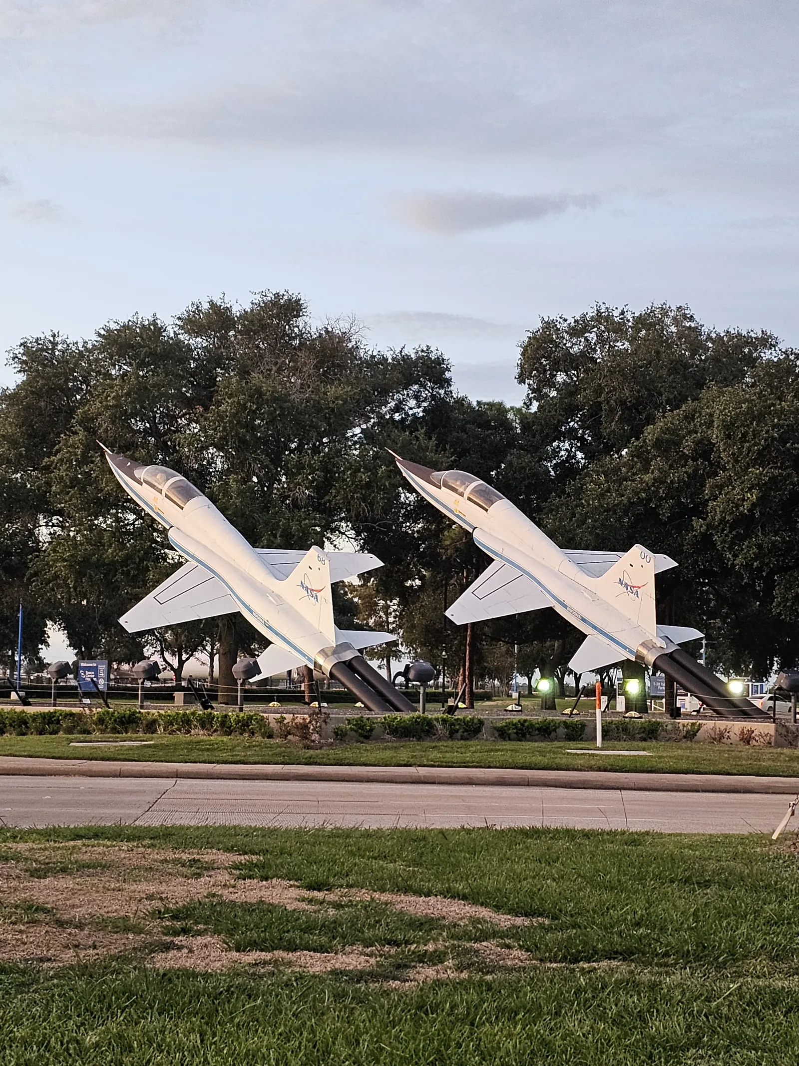 NASA T-38 training jets on display at the Space Center Houston entrance